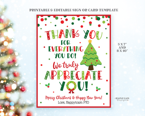 Christmas Appreciation Sign Printable Holiday Thank You Card, School PTO, Teacher, Staff, Employee, Nurse, Volunteer, Party Decor Download