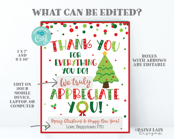 Christmas Appreciation Sign Printable Holiday Thank You Card, School PTO, Teacher, Staff, Employee, Nurse, Volunteer, Party Decor Download