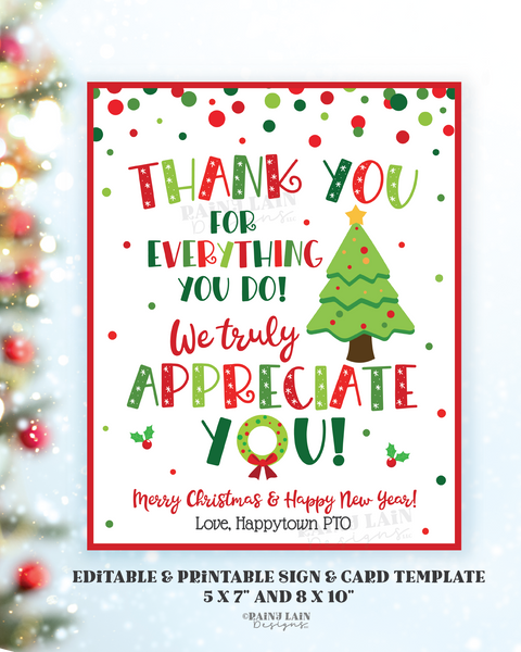 Christmas Appreciation Sign Printable Holiday Thank You Card, School PTO, Teacher, Staff, Employee, Nurse, Volunteer, Party Decor Download