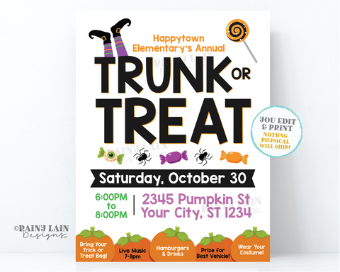 Trunk or Treat Flyer, Editable Halloween Invite, Editable Party, Neighborhood, School, HOA Church School Community, Digital Download