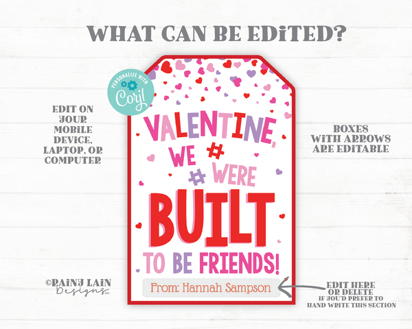 Valentine We Were Built to be Friend Tag, Building Blocks, Puzzle Piece, Friendship Printable Preschool Non-Candy, Classroom, Editable