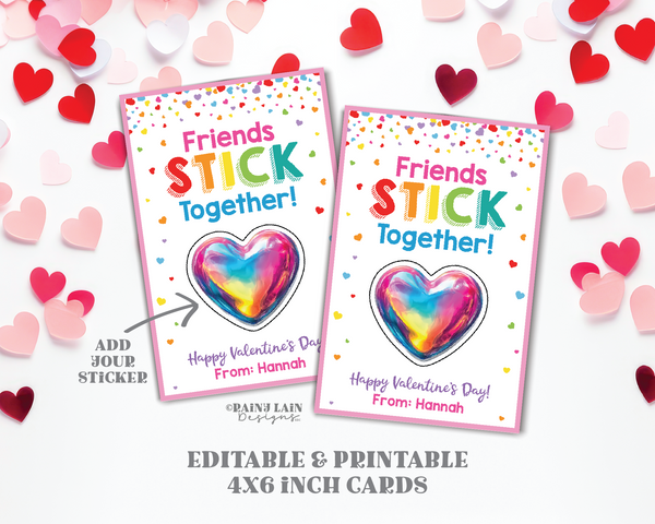 Valentines Day Sticker Holder, Friends Stick Together Card, Valentine Exchange Stickers, Preschool Valentine Stickers Card, Non-Candy