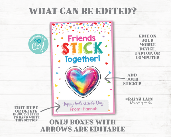 Valentines Day Sticker Holder, Friends Stick Together Card, Valentine Exchange Stickers, Preschool Valentine Stickers Card, Non-Candy