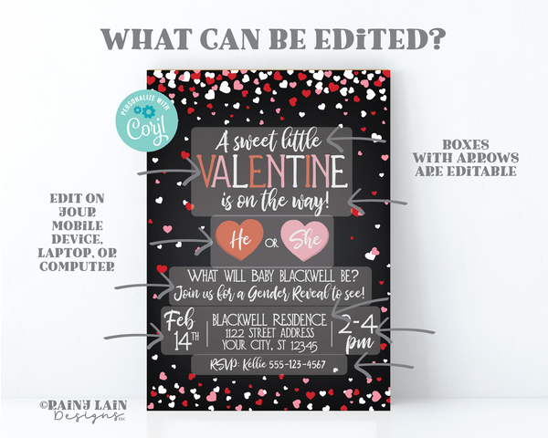 Valentine's Day Gender Reveal Invitation, A sweet little valentine is on the way, He or She what will our little sweetheart be, chalkboard