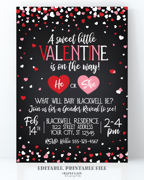 Valentine's Day Gender Reveal Invitation, A sweet little valentine is on the way, He or She what will our little sweetheart be, chalkboard