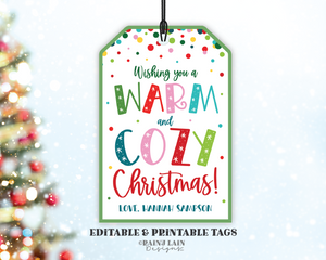 Wishing you a Warm and Cozy Christmas Tag, Editable Holiday Gift Tag, Printable Treat Tag, Teacher, Staff, Scarf, Socks, Blanket Throw