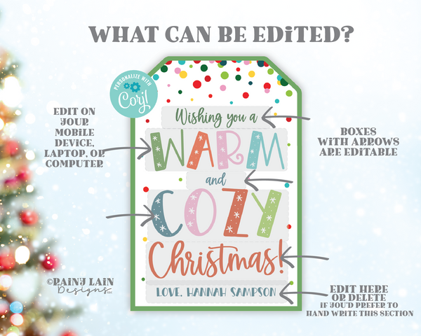 Wishing you a Warm and Cozy Christmas Tag, Editable Holiday Gift Tag, Printable Treat Tag, Teacher, Staff, Scarf, Socks, Blanket Throw