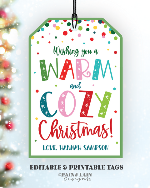 Wishing you a Warm and Cozy Christmas Tag, Editable Holiday Gift Tag, Printable Treat Tag, Teacher, Staff, Scarf, Socks, Blanket Throw