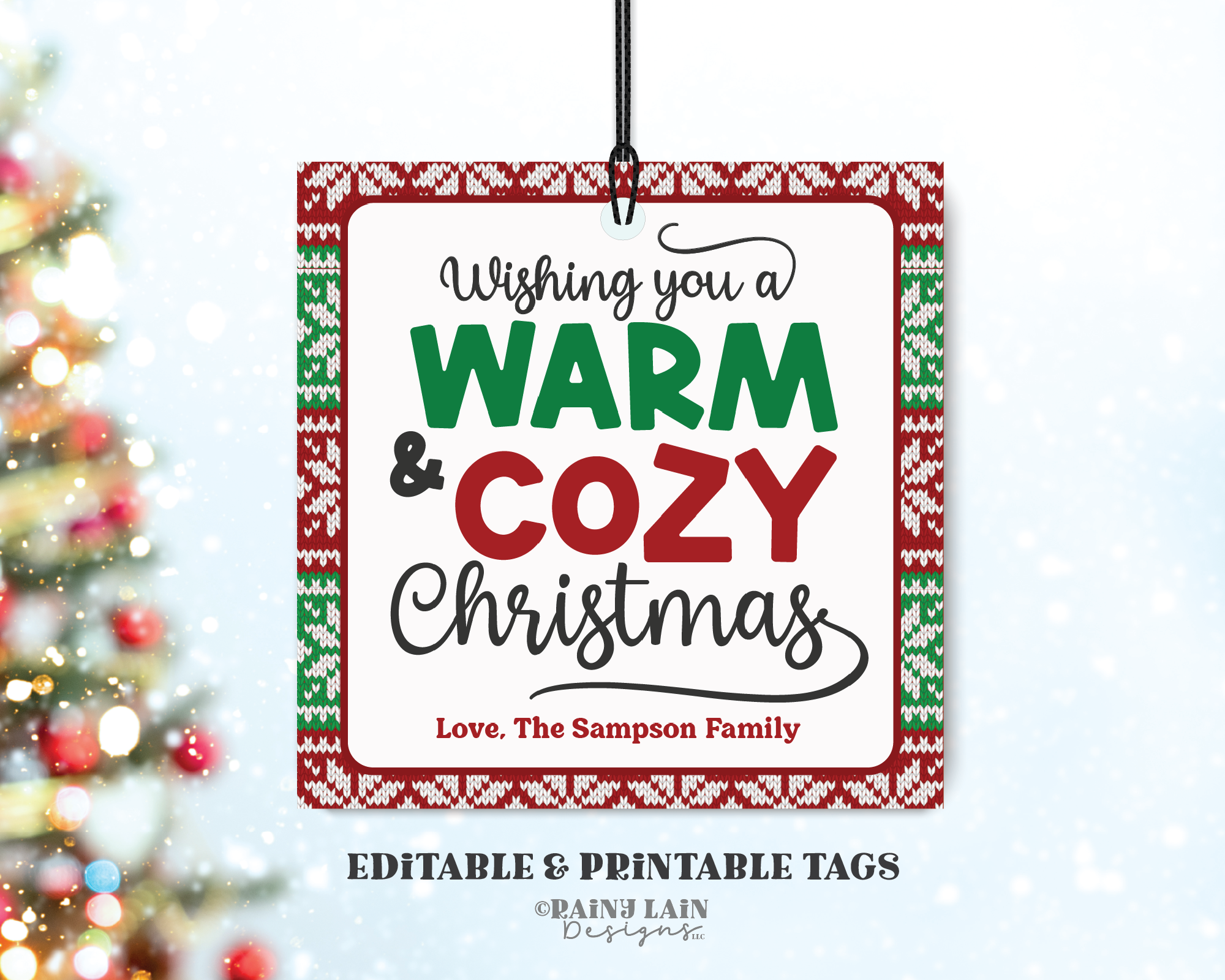 Warm and Cozy Christmas Tag, Editable Holiday Gift, Printable, Blanket Throw, Teacher, Staff, Scarf, Socks, Coffee, Knit, Ugly Sweater