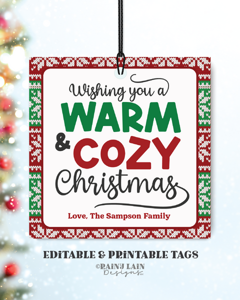 Warm and Cozy Christmas Tag, Editable Holiday Gift, Printable, Blanket Throw, Teacher, Staff, Scarf, Socks, Coffee, Knit, Ugly Sweater