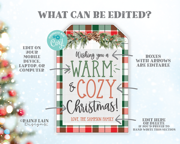 Wishing you a Warm and Cozy Christmas Tag, Editable Holiday Gift Tag, Printable, Blanket Throw, Teacher, School Staff, Scarf, Socks, PTO PTA