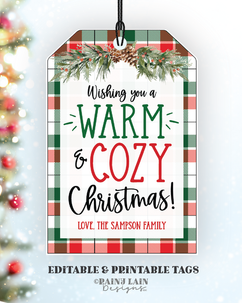 Wishing you a Warm and Cozy Christmas Tag, Editable Holiday Gift Tag, Printable, Blanket Throw, Teacher, School Staff, Scarf, Socks, PTO PTA