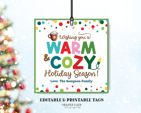 Warm and Cozy Christmas Tag Template, Hot Chocolate Pop By Gift for Client, Editable Coffee, Holiday Treat, Printable Real Estate Marketing