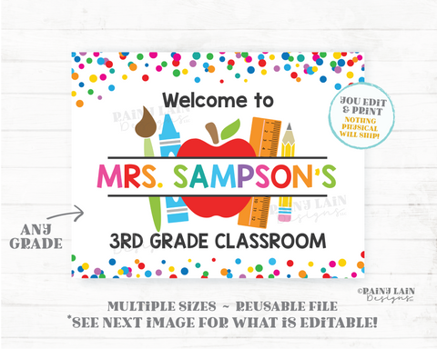 Editable Classroom Welcome Sign, Classroom Decoration, Printable Teacher Name Sign, Any Grade, Personalized Poster Back to School Door Sign