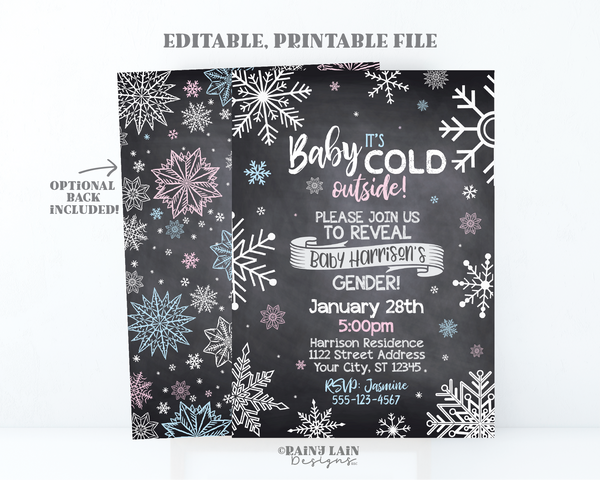 Winter Gender Reveal Invitation, Snowflake Gender Reveal Invite, Baby It's Cold Outside Gender Reveal Invites, Chalkboard, Snow, Snowflakes