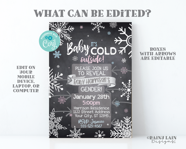 Winter Gender Reveal Invitation, Snowflake Gender Reveal Invite, Baby It's Cold Outside Gender Reveal Invites, Chalkboard, Snow, Snowflakes