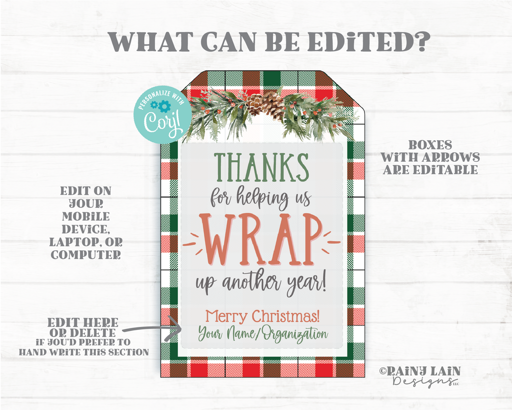 Thanks for helping Wrap Up another year Tag Printable Christmas Gift E –  Rainy Lain Designs LLC