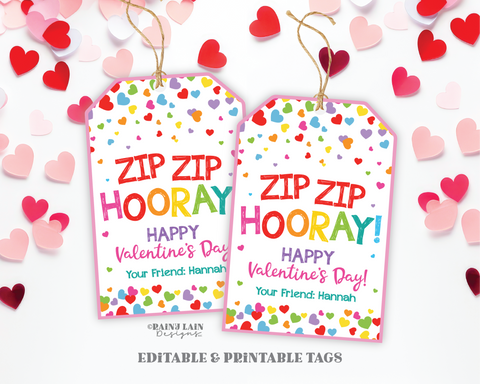 Zip Zip Hooray Tag, Zip Bracelet Fidget Valentine, Happy Valentine's Day Gift Printable Kids Valentine Preschool Classroom Non-Candy