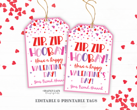 Zip Zip Hooray Tag Zip Bracelet Valentine Fidget Valentine's Day Zipper Gift Printable Kids Preschool Classroom Non-Candy Editable