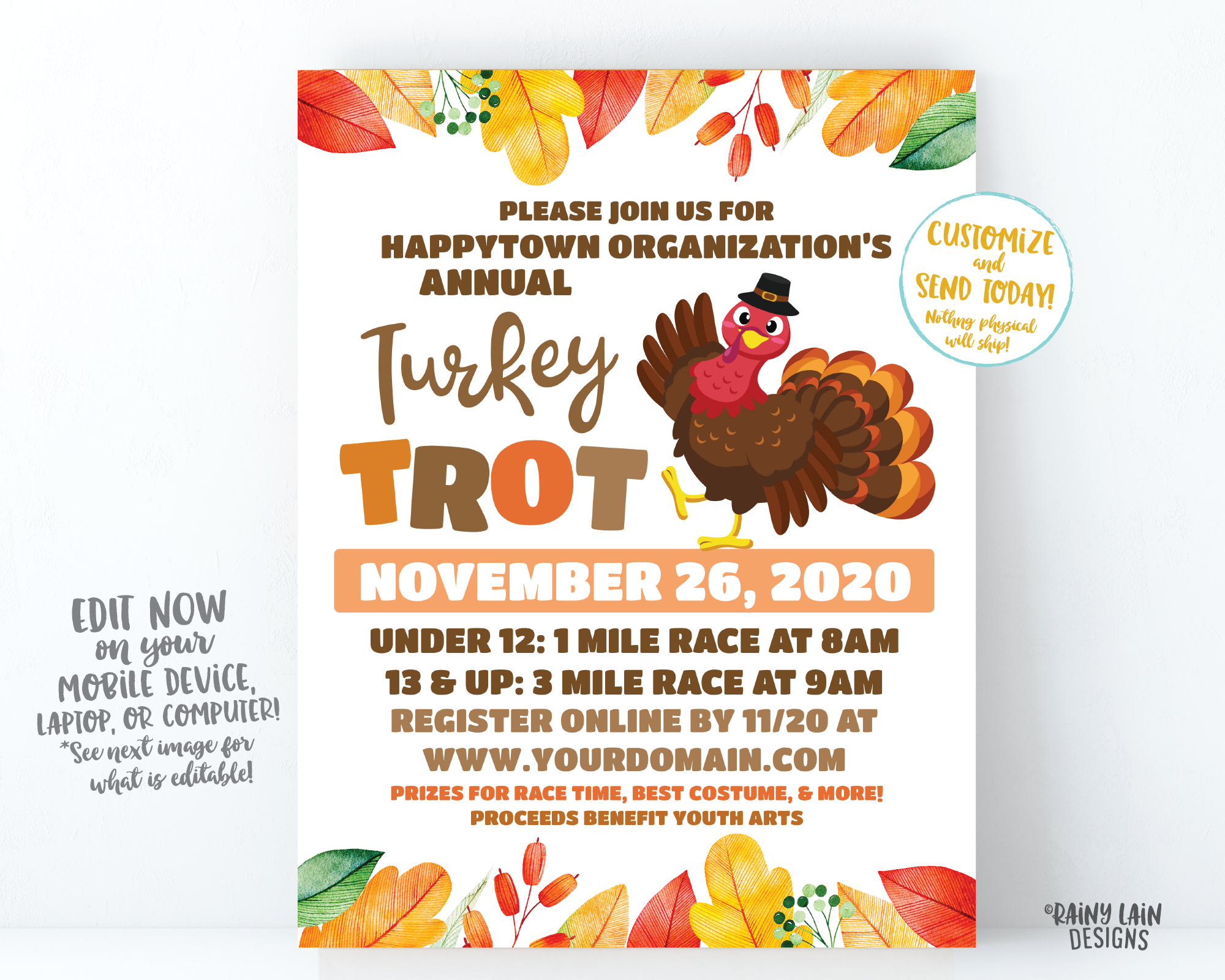 Turkey Trot Flyer, Thanksgiving Fundraiser Flyer, Turkey Invitation Thanksgiving Turkey Trot Flier Printable Editable Turkey Fall Autumn