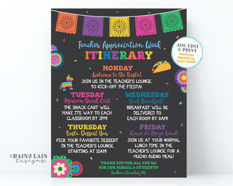 Teacher Appreciation Week Itinerary Teacher Appreciation Schedule Flyer Luncheon Invitation Nacho Average Fiesta Sign Taco bout Poster