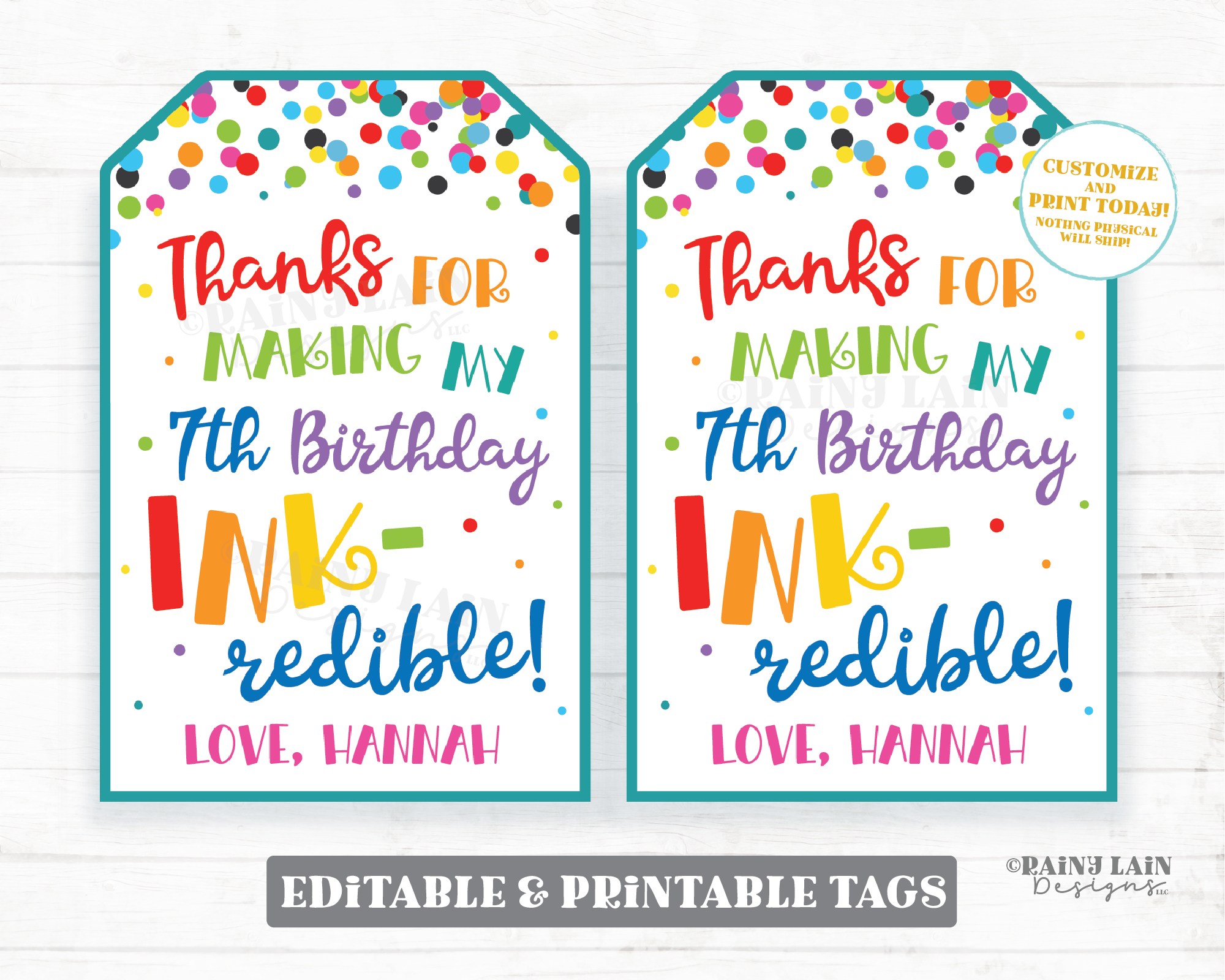 Ink Pen Gift Tags Thanks for making my Birthday INK-redible Tags Editable Preschool Printable Classroom Party Favor School Pen Gift Tags