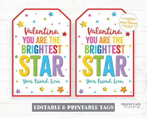 Valentine You're the Brightest Star Valentine's Day Tag Glow in the Dark Stars You're a Star Preschool Classroom Printable Kids Non-Candy