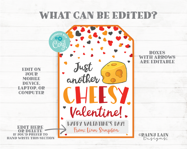 Just another Cheesy Valentine Tag Cheese Crackers Cheez Goldfish Valentine's Day Printable Kids Preschool Classroom Non-Candy Valentine