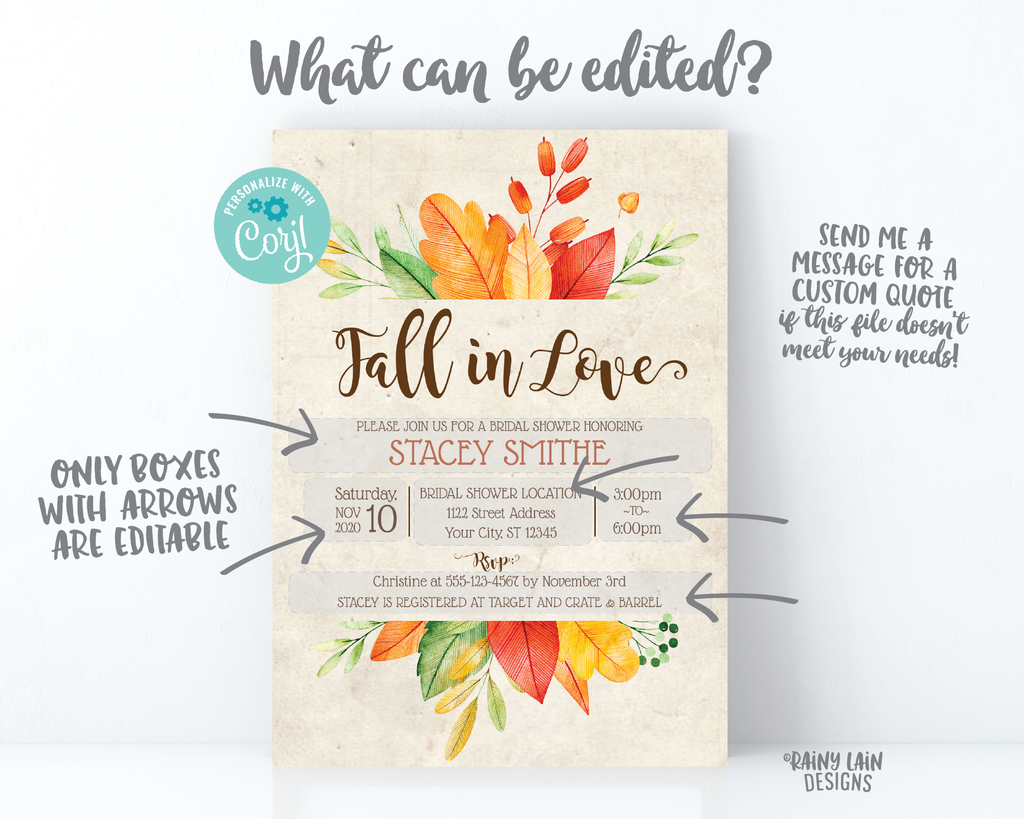Fall Bridal Shower Invitation Template Fall in Love Autumn 