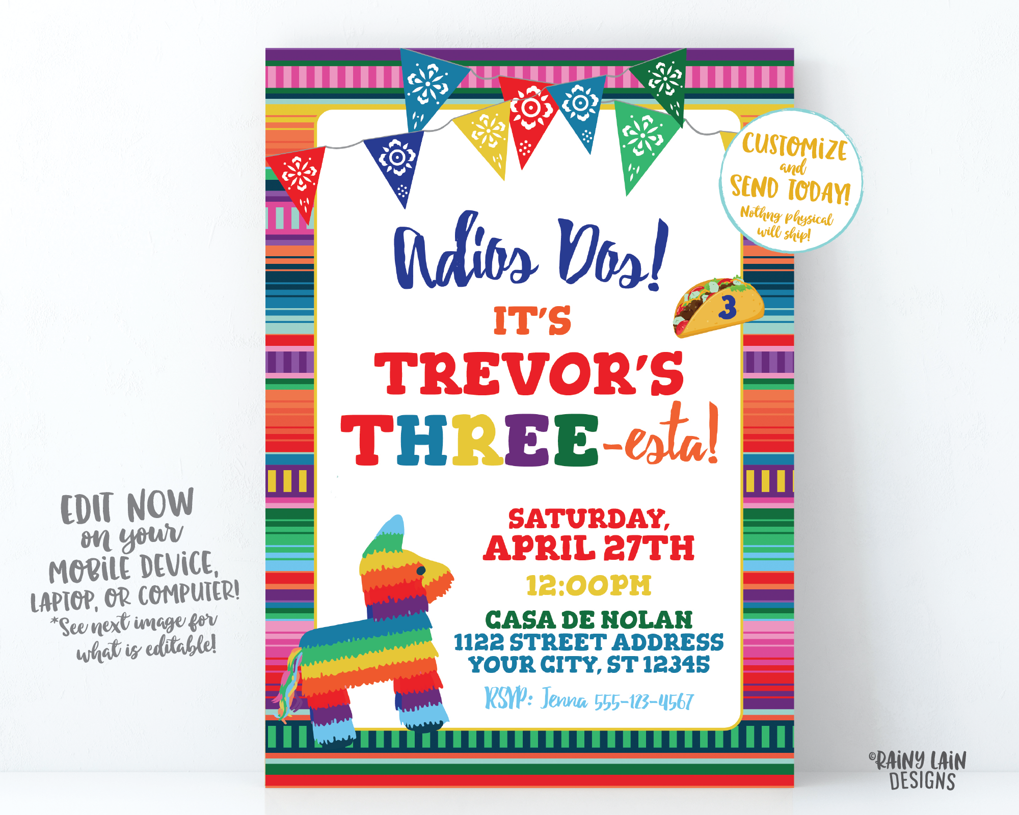 Adios Dos Invitation, Boy Three esta Invitation, 3rd Birthday Fiesta Invitation, Three-esta Birthday Invitation, Cactus, Serape, THREEesta