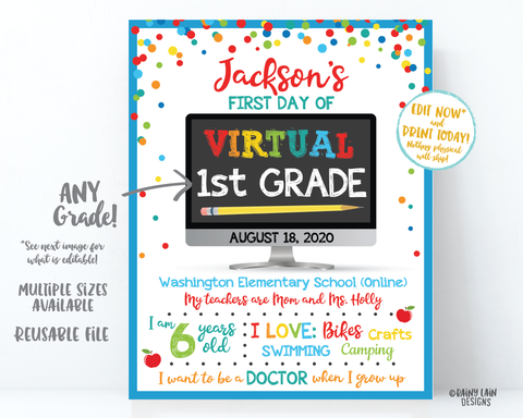 First Day of Virtual School Sign Template 1st day of virtual school sign editable Back to School Photo Prop virtual 1st grade, kindergarten