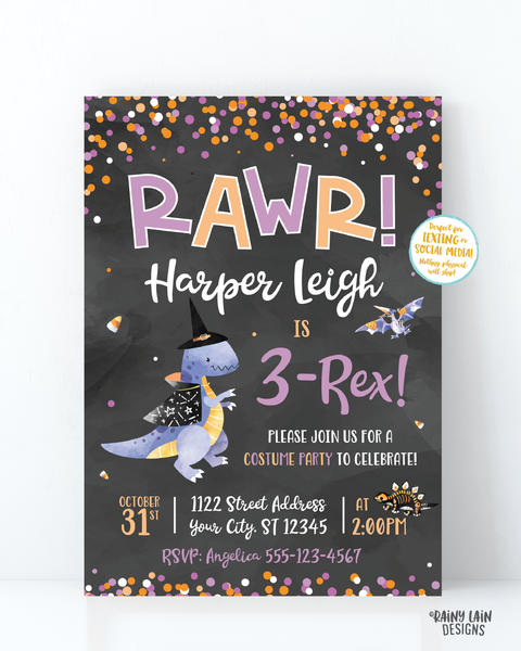 Halloween Dinosaur Birthday Party Invitation, Dinosaur Birthday Invitation Girl Halloween Dinosaur invitation Three-Rex 3-Rex Purple orange