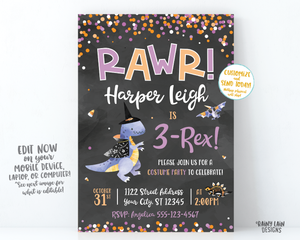 Halloween Dinosaur Birthday Party Invitation, Dinosaur Birthday Invitation Girl Halloween Dinosaur invitation Three-Rex 3-Rex Purple orange