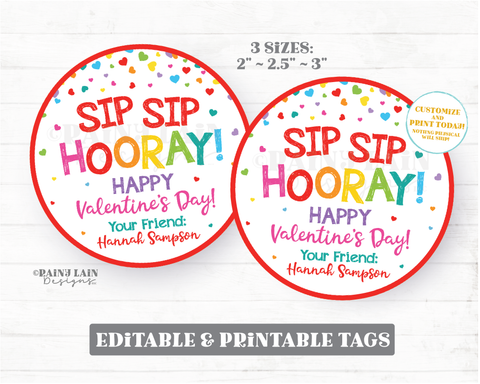 Straw Valentine Sip Sip Hooray Happy Valentine's Day Tag Sill Crazy Bendy Printable Kids Valentine Preschool Classroom Non-Candy Valentine