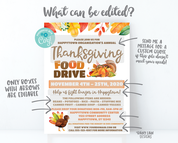 Thanksgiving Food Drive Flyer, Fall Food Drive, Autumn Food Drive, Hunger Drive Flier, Invitation Information Card Digital Flyer Editable