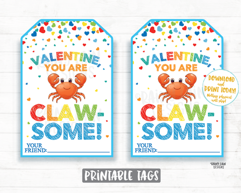 Crab Valentine, Claw-some Valentine Tags Clawsome Ocean Under the Sea Preschool Valentines Classroom, Printable Kids Non-Candy Valentine Tag