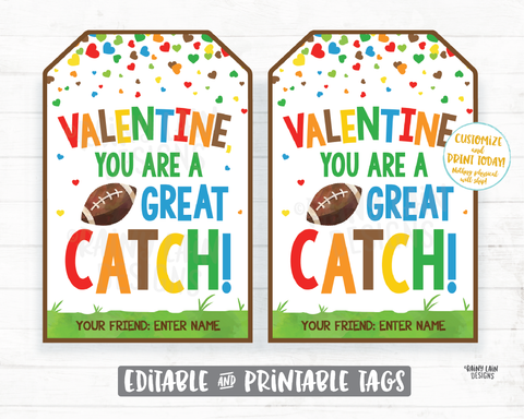 Football Valentine Tag You're a Great Catch Printable Kids Valentine Tag Preschool Classroom Non-Candy Valentine