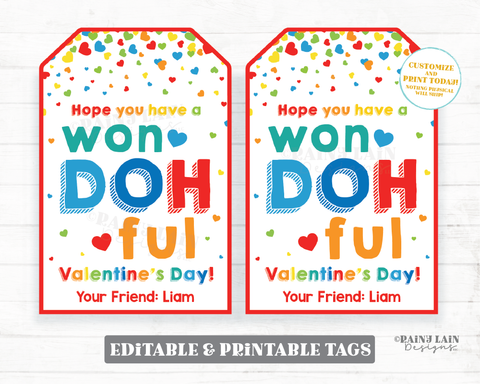 WonDOHful Valentine's Day Tag Play dough Valentine Playdough Editable Preschool Classroom Daycare Printable Kids Non-Candy Valentine Tags